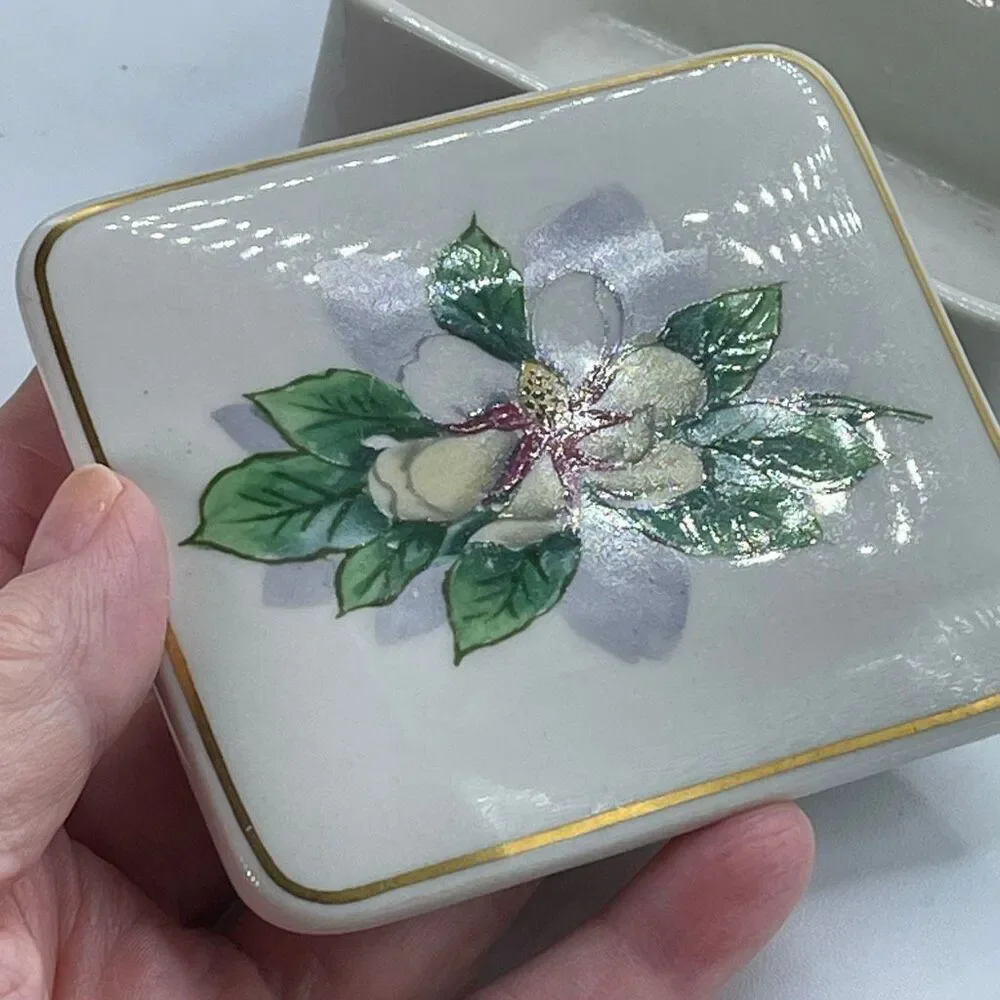 Vintage white ceramic trinket box magnolia pattern gold trim